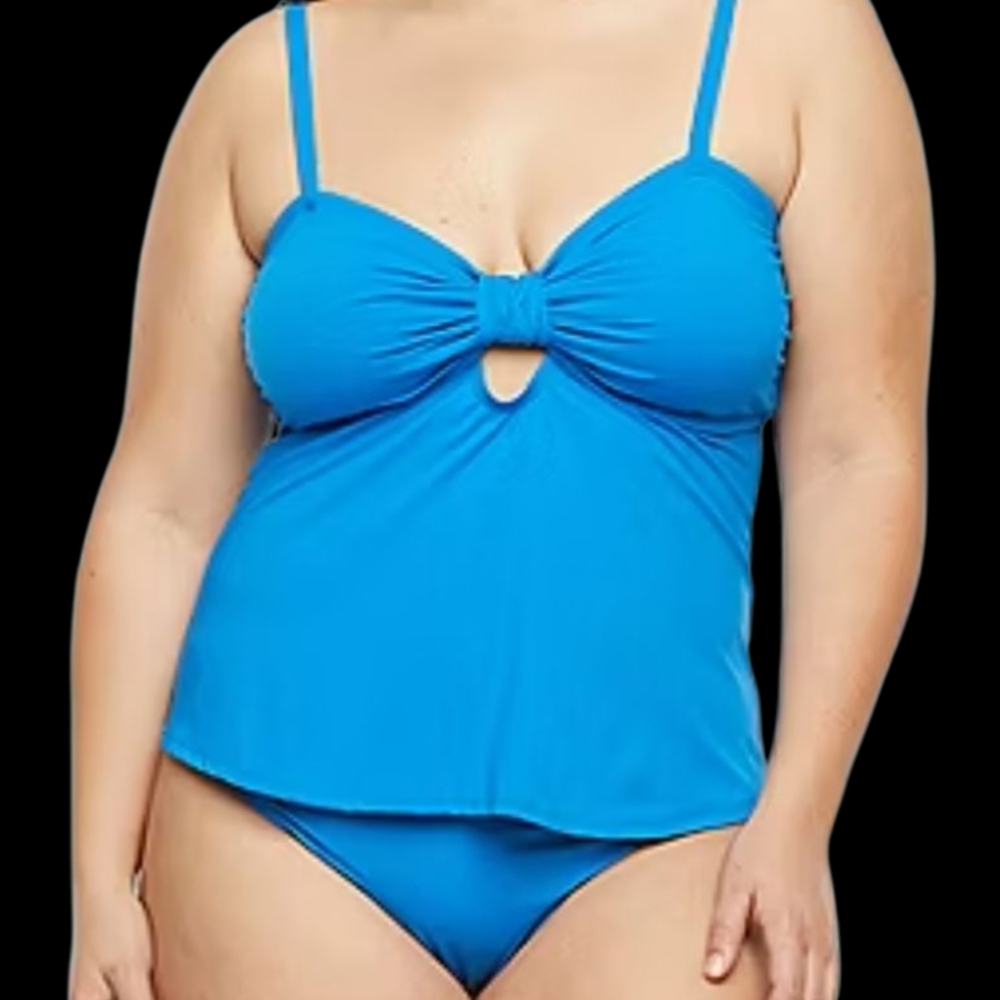 NWT Mynah Blue Tankini Swim Top 18W Gold Trim Adjustable Straps